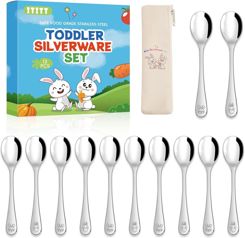 ITITT Stainless Steel Toddler Spoons Set - 12 Pieces Food Grade Kids Spoons Set Safe Kids Silverware Children Small Spoon Metal Toddler Utensils Mirror Polished Sturdy and Durable Dishwasher Safe - Image 1